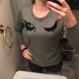 French connection gray sweater w/ green eye design